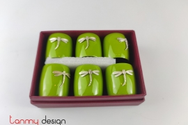 Set of 6 green napkin rings attached with dragonfly